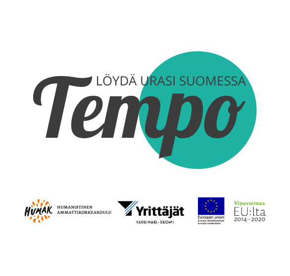 Tempo-hankkeen logo sekä rahoittajien: Humak, VS-yrittäjät, ESR ja vipuvoimaa.